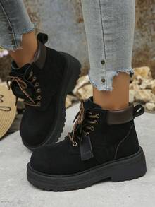 1 Par de Botas de Moda Feminina para Outono/Inverno, Botas de Couro com Estilo Esportivo Punk, Cadarços, Ilhoses Metálicos e Bico Redondo - Preto - Visão 7