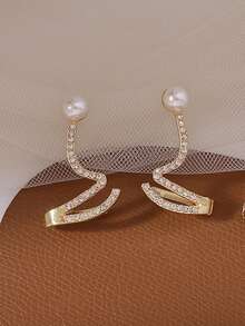 1pair Elegant And Simple Wave-Shaped Faux Pearl And Rhinestone Ear Studs Suitable For Women's Daily, Festivals Or Parties - Fake Pearls - View 9