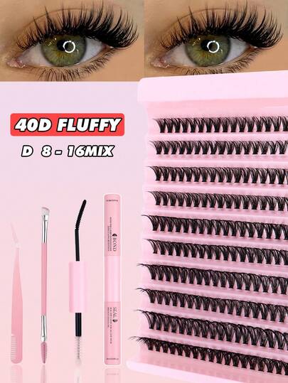 ICHICKISS 200 Ciglia Finte Kit - 40D, Curvatura D, Lunghezza Mista 8-16mm, Include Colla, Pinzette e Pennello, Ciglia Riutilizzabili Soffici 0,07mm per Feste, Regali, Matrimoni e Vacanze