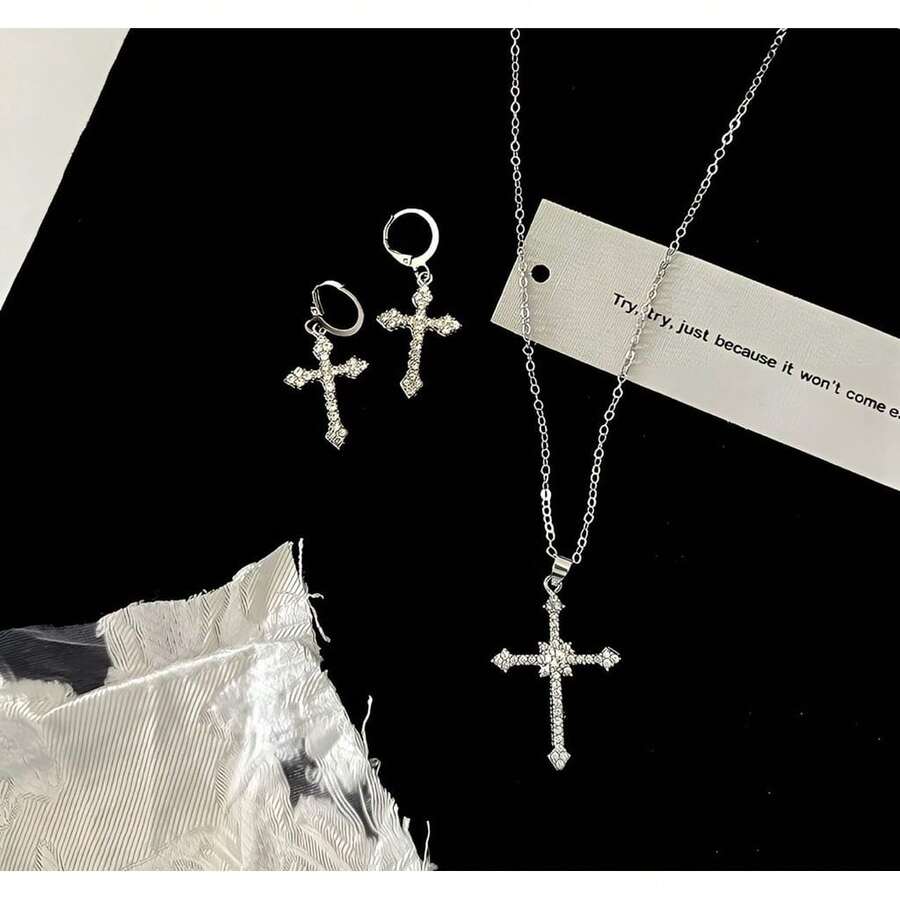 Fashion Women Crystal Cross Pendant Necklace For Women Girl Chain Punk Party Jewelry - Bộ bông tai + vòng cổ - Xem 1