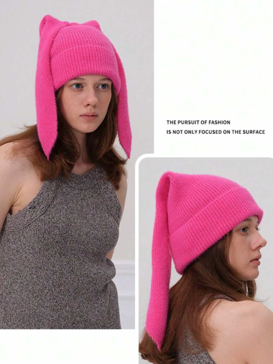 قبعة محبوكة بلون واحد للنساء، بوهيمي عصري أنيق لحفلات الشارع الموضة الخريفية/الشتوية دافئة وسميكة بأذن أرنب جذابة، مناسبة للاستخدام الخارجي