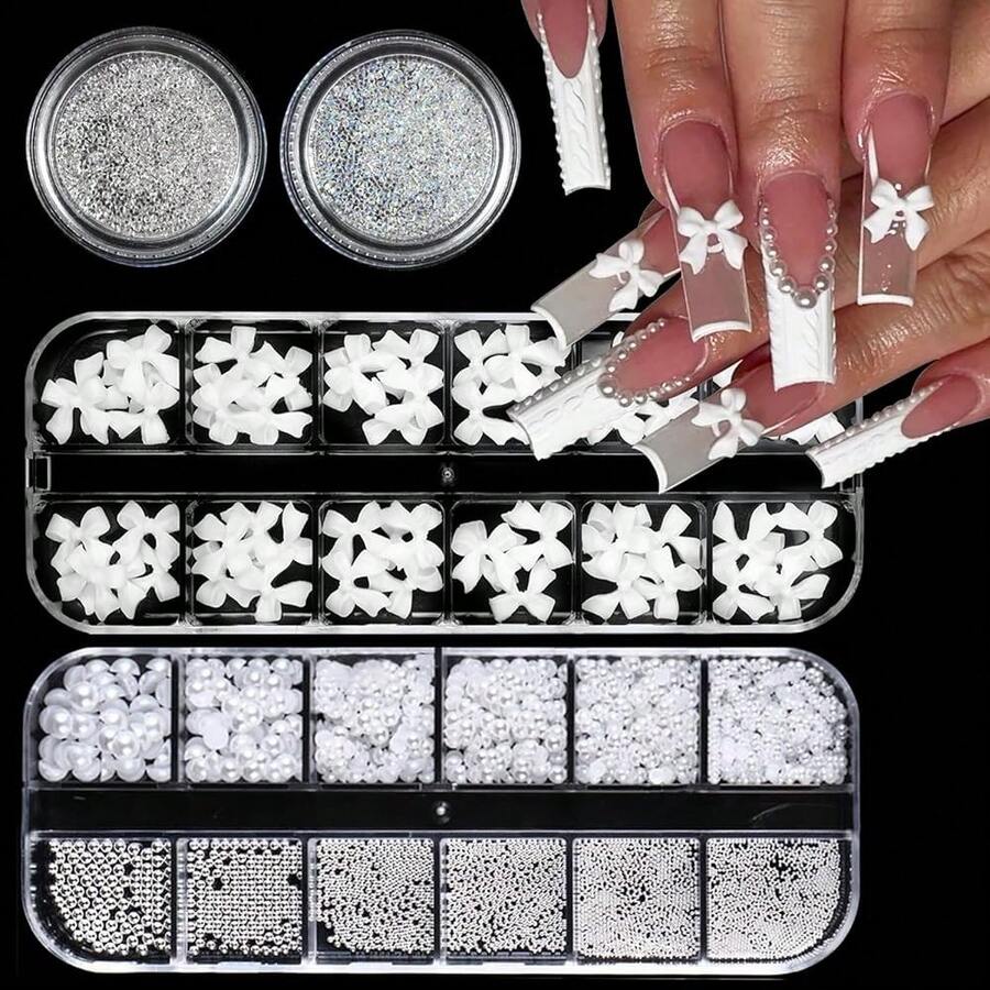 Nail Art Pearls Flatback Rhinestones Bow-Knot Nail Charms Silver Beads White Half Round Supplies Luxurious Design Jewelry DIY Crafts Accessories For Women Manicure Decorations{"Color_name":"Colorful-11"} - 彩色-11 - 查看 1