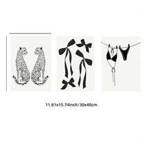 1/3 peças sem moldura estampa de leopardo preto e branco, design de laço estampado completo, conjunto de decoração de quarto monocromático feminino, arte de parede minimalista, pôsteres divertidos, decoração de quarto, impressões de parede para quarto, itens essenciais para dormitório universitário, estética de quarto feminino, presente chique para decoração de quarto de menina