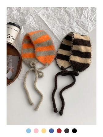 1 st. färgblocksrandigt stickat fleeceöronvärmare-pannband för kvinnor, varma och vindtäta öronmuffar, vita öronmuffar för höst/vinter