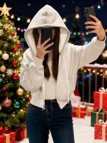 Y2k Clothes,Spring Women's Outfit, Solid-Color, Laid-Back, Fashionable And Casual Spring Wear,Street Style,Hooded ,Chic,Valentine Outfits For Women,Tops - White Flower Gray - View 3