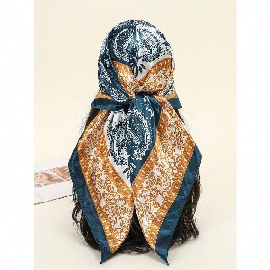 1PC Women's Red And White Paisley Printed Bandana Square Towel, 90CM Large Women's Satin Square Silk Feeling Hair Scarf Wrap Headscarf - 海軍藍和白色 - 查看 1