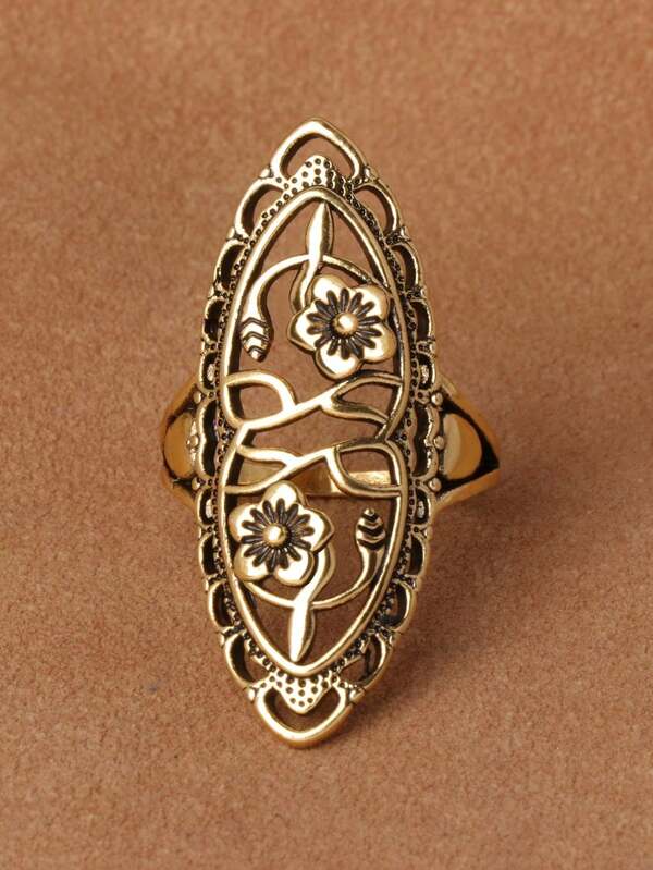 1pc Vintage Hollow Carved Long Ring, 4 Color Options