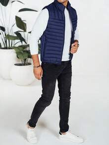 Áo vest chần bông nhẹ cho nam, áo vest ấm áp cho mùa chuyển mùa, áo vest thể thao ngoài trời có khóa kéo và túi, áo vest nam mặc hàng ngày khi đi thành phố và du lịch, lớp giữ ấm thiết thực cho thời tiết lạnh - Màu xanh hải quân - Xem 2