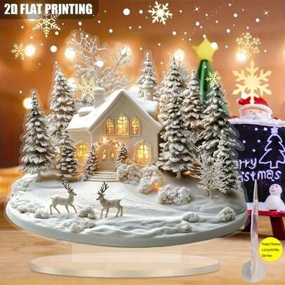 2D Acrylic Christmas Snow House Desktop Decor - Winter Wonderland Scene (With Reindeer, Pine Trees & Golden Ornaments) - No Power Needed, Indoor/Outdoor Home Office Garden Decoration - Ideal Holiday Gift, High-Quality Printing, Festive Winter Ambiance, Perfect Holiday Decoration