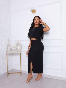 Cropped Top And Bubbler Skirt Set - BLACK - View 3