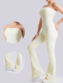 NcmRyu 1 Set Solid Color Seamless Tube Top Bodysuit Women S Slimming Jumpsuit Fitness Apparel Yoga Wear Gym Activewear Stretchable Body Shaper Sleeveless Flare Jumpsuit Comfortable Activewear For Fitness Gym Running And Outdoor Activities - 奶油白 - 查看 1