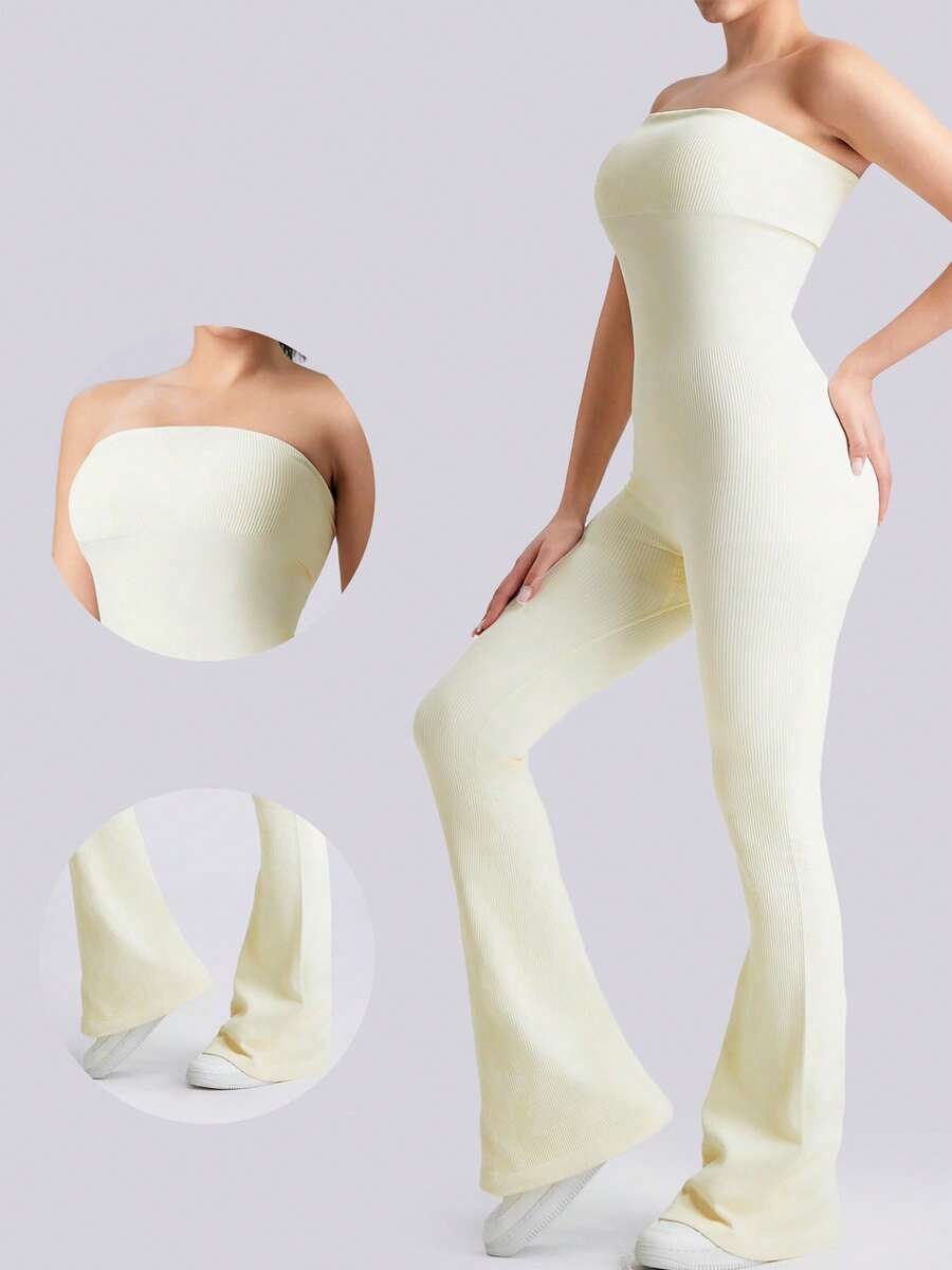 NcmRyu 1 Set Solid Color Seamless Tube Top Bodysuit Women S Slimming Jumpsuit Fitness Apparel Yoga Wear Gym Activewear Stretchable Body Shaper Sleeveless Flare Jumpsuit Comfortable Activewear For Fitness Gym Running And Outdoor Activities - 奶油白 - 查看 1