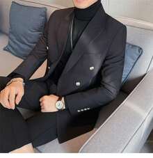Double Breasted Casual Suit Jacket For Men's Spring And Autumn High-End British Business Single Western  Slim Fit Men's Suit Set - 黑色 - 查看 9