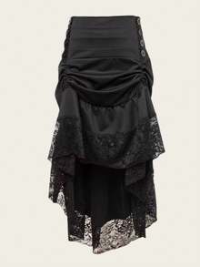Gothic Black Lace Asymmetrical Midi Skirt For Women High Waist Drawstring Christmas Winter Wear - Black - View 7