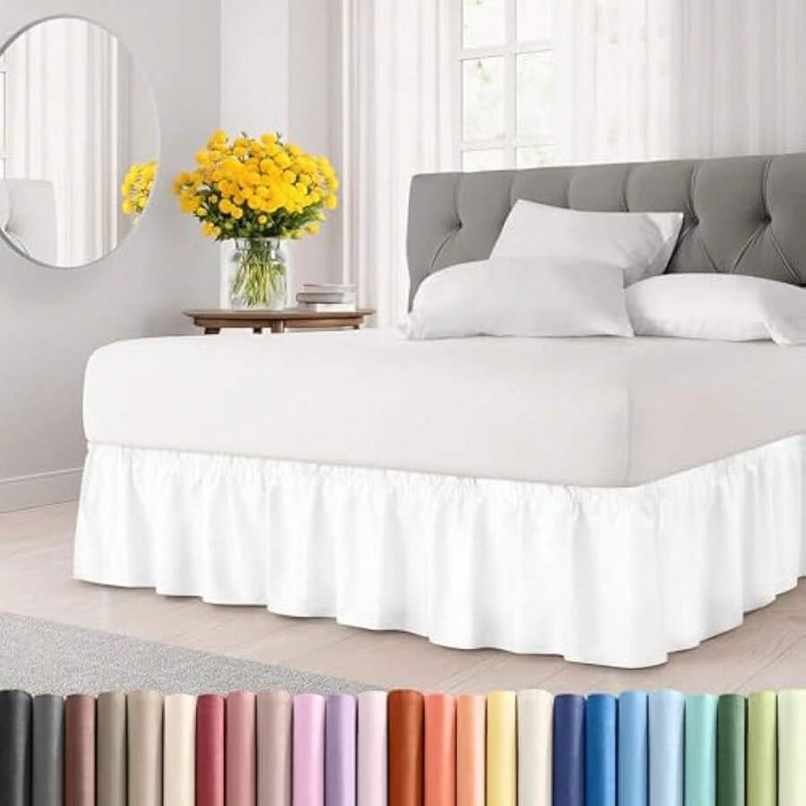 Wrap Around Dust Ruffle Bed Skirt - White - Queen Size With 12 Inch Drop - Easy Fit Elastic Strap - Adjustable Pleated Bedskirt In Brushed Fabric - Wrinkle Free - Suitable For All Ages - 04 - 淺灰色 - 查看 1