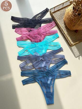 5pcs/Pack Sexy Lace Women's Underwear, Comfortable Fitting, Fashionable Seamless Solid Color Thong Panties