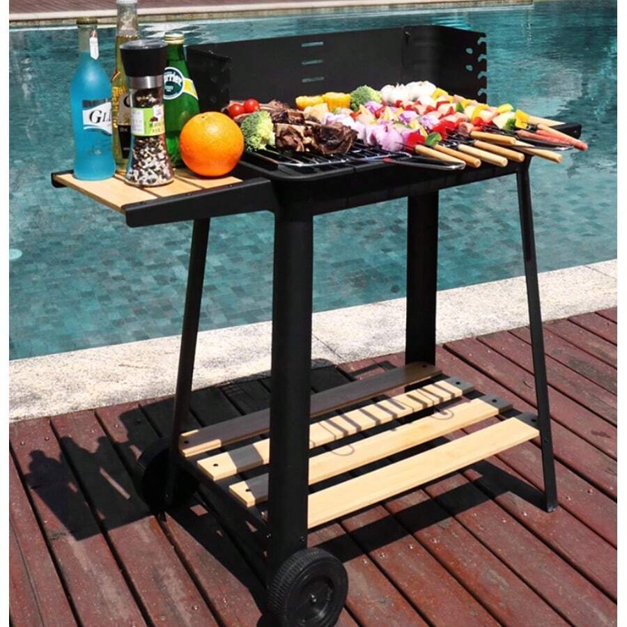 Griglia a carbone quadrata per uso domestico con supporto in legno, griglia barbecue con altezza regolabile - nero - Visualizzare 1