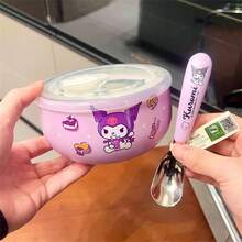 Sanrio 1 pezzo (autorizzato) Ciotola per riso, noodle istantanei, regalo di compleanno o Natale, con coperchio, motivi cartoni animati Hello Kitty, Kuromi, Cinnamon Roll, Melody, per uso domestico, studenti e lavoratori d'ufficio