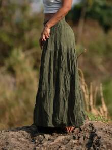 Women's Comfortable Elastic Waist Crinkle Linen Solid Color Layered Lightweight A-Line Skirt, Spring/Autumn - Army Green - View 2
