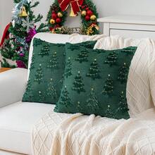 2pcs Quilted Plush Christmas Tree Pillow Covers, Christmas Style Suitable For Living Room, Bedroom, Sofa, All Seasons - Green - View 9
