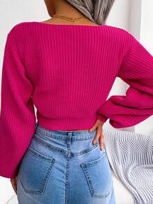 Autumn/Winter Y2K Lace-Up Bow Solid Color V-Neck Waist-Cinching Cropped Casual Sexy Long Sleeve Pullover Sweater For Women - Hot Pink - View 2