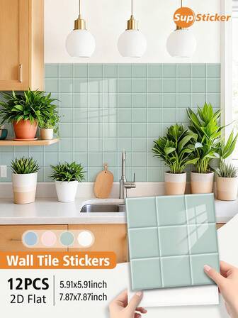 SUPSTICKER 12 件马卡龙色瓷砖外观即撕即贴墙贴，PVC 材质，防水、防油、防污、易清洁，适用于厨房、浴室、梳妆台后挡板、家具表面装饰和翻新