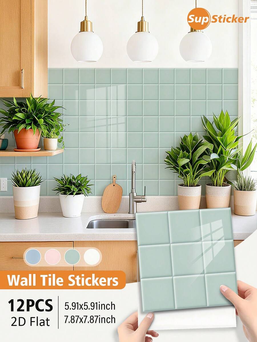 SUPSTICKER 9.05x11.41英寸，简约几何图案仿瓷砖墙贴，12片PVC自粘墙贴，易撕易贴，防水、防油、防污且易于清洁，适用于厨房、浴室、盥洗台防溅板、家具表面和家居装饰。 - 彩色 - 查看 1
