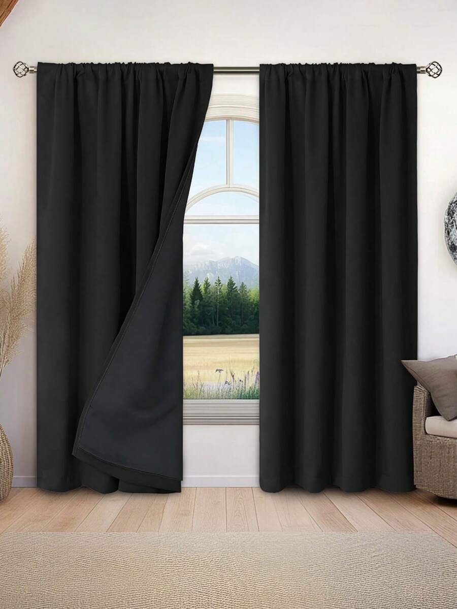 1pc Light Gray Blackout Curtain, Thermal Insulated Blackout Curtain Blocks UV Rays, Suitable For Living Room, Bedroom, Darkens Room In Power Outage, Autumn/Winter - Black - View 1