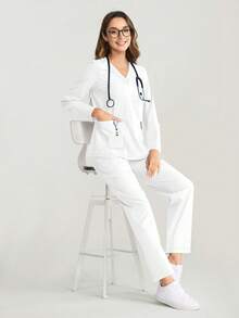 Women's Casual V-Neck Long Sleeve Multi-Pocket Loose Top & Elastic Waist Pants Scrubs Nurse Scrubs Workwear Dentist Healthcare Pet Hospital Laboratory Uniforms Set - White - View 4