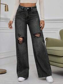 Wide Leg Washed Distressed Jeans For Teen Girls - Black - View 5