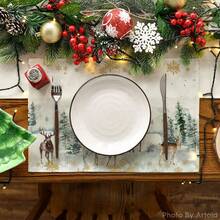 Tapete de mesa de comedor de 30,48 x 45,72 cm con acuarela de ciervo, árbol y copos de nieve, decoración navideña y de invierno, estilo rústico, lavable