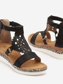 Sandalias de cuña baja con Top decorativa - Negro - Ver 6