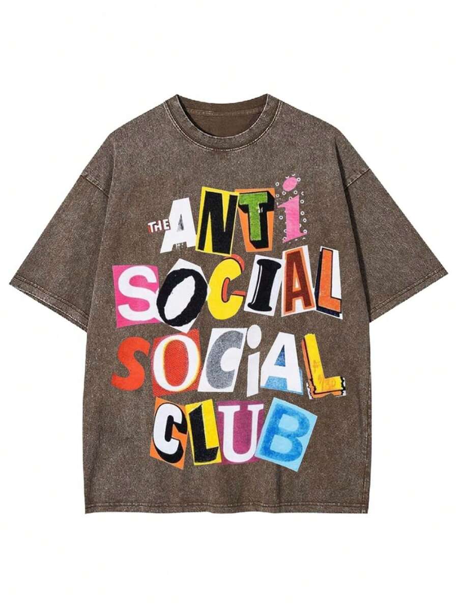 230g Double-Sided Washed Anti-Social Club Washed T-Shirts Printed T-Shirts, High-Quality Batik Cotton Vintage Fashion Brand T-Shirts, Men's And Women's T-Shirts, Recent Explosions, Summer T-Shirts, Holiday Gifts, Perfect. - Màu Khaki - Xem 1