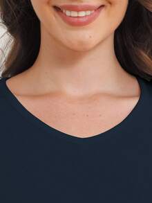 女士保暖内衣 V 领长袖保暖内衬秋冬打底上衣，保暖睡衣 - 藏蓝色 - 查看 5