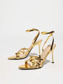 Women's High Heel Sandals With Leaf Decor, Pointed Toe, Metallic Finish, Comfortable Material, Suitable For Parties, Travel, Dates, Formal Events, Sexy And Sophisticated, Gold Color High Heel Sandals