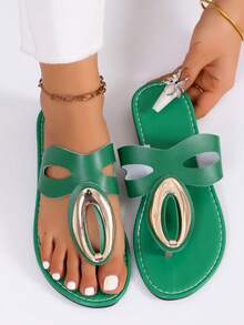 1 Pair Teenage Fashion Metal Buckle Design Open Toe Flat Slippers, Beach Sandals, Casual Vacation Style, Gentle Pink, Energetic Red, Unique Green, Classic Black, Elegant Brown - Green - View 12