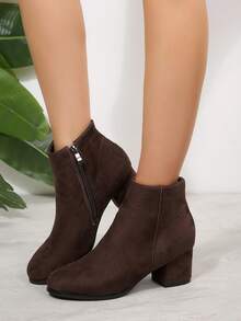 粗跟、圆头、踝靴、侧拉链、高跟、简约时尚、百搭女士高跟靴，冬季 - 咖啡棕 - 查看 4