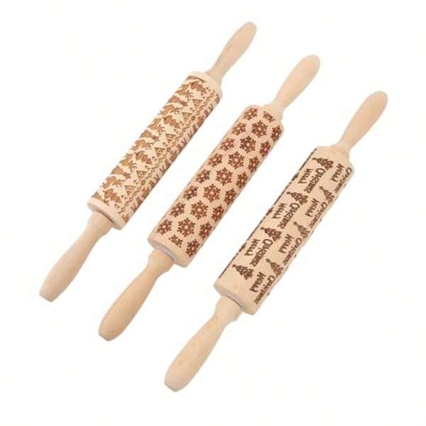 Embossing Rolling Pin 3Pcs Deep Engraved Wooden Embossed Rolling Pin With Cute Christmas Pattern Ergonomic Multipurpose Kitchen Decor Tools With Bearing For Baking Cookies Pizza
