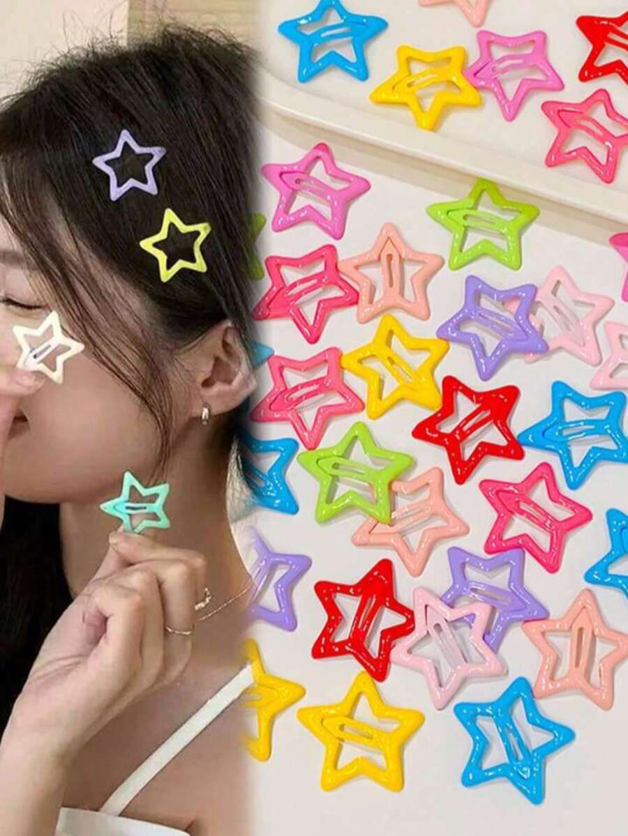 10/20/30/50 Peças Grampos De Cabelo Coloridos Variados Em Forma De Estrela, Acessórios Ideais De Cabelo Para Meninas, Para Festa, Penteado De Feriado (Cor Aleatória) - Multicolorido - Visão 1