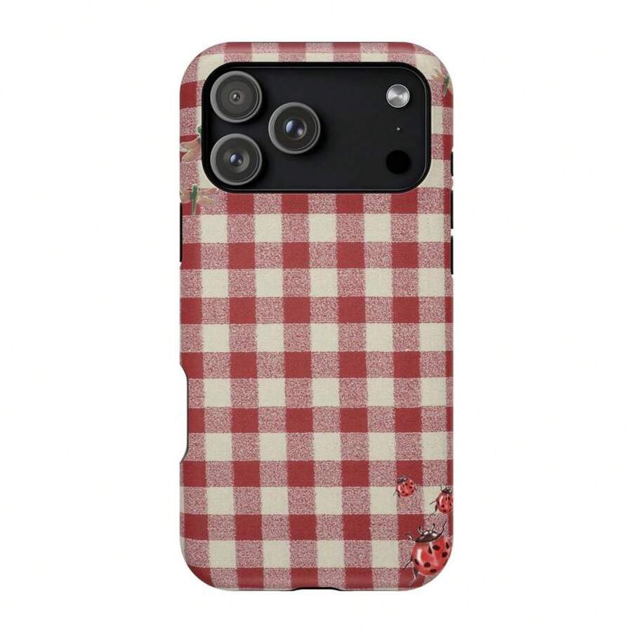Red Gingham Ladybug Phone Case |   Cottagecore Insect Aesthetic Protective Phone Case For Ip 17 16 15 14 13 12 11 And Ss S22 23 24 - 混色 - 查看 1