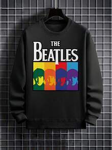 Men's Fashion  Four Color Portrait Outline Green Orange Print Crew Neck Sweatshirt, Everyday Outfit, Streetwear Fashion, Band Merchandise, Vintage Design, Soft Fabric, Breathable Knit, Printed Hoodie Alternative, Unisex Fit, Beatles Fans, Retro Collectors - 黑色 - 查看 1