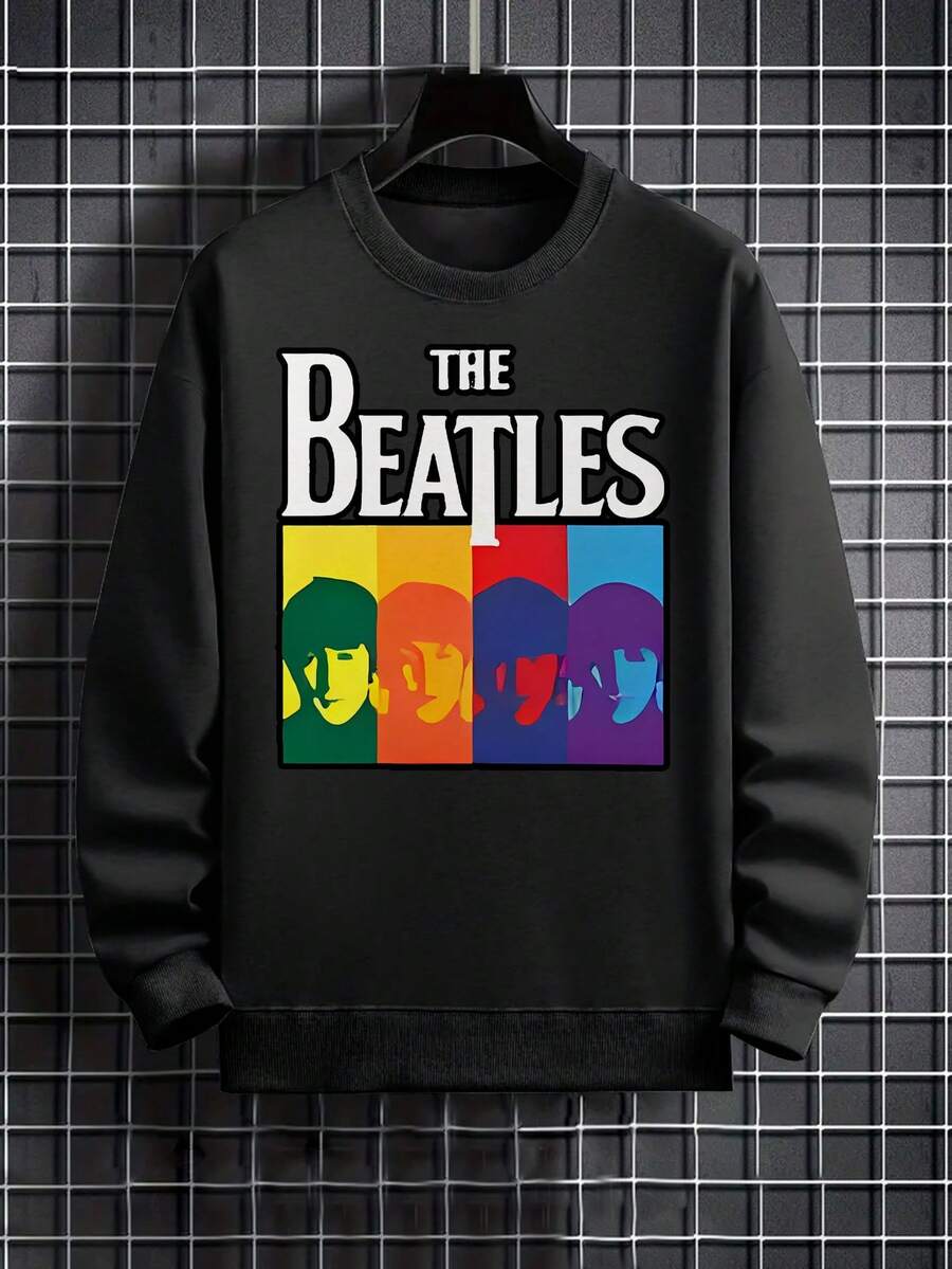 Men's Fashion  Four Color Portrait Outline Green Orange Print Crew Neck Sweatshirt, Everyday Outfit, Streetwear Fashion, Band Merchandise, Vintage Design, Soft Fabric, Breathable Knit, Printed Hoodie Alternative, Unisex Fit, Beatles Fans, Retro Collectors - 黑色 - 查看 1