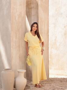 Conjunto feminino viscose sensorialle saia midi e blusa gola drapeada elegante maravilhoso chic casual