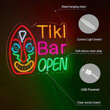 1pc Tiki Bar Open Neon Sign, USB Powered Wall Art Decor With Adjustable Brightness Switch, Indoor/Outdoor LED Neon Light For Home, Bar, Restaurant, Lounge, Tiki Bar Decor