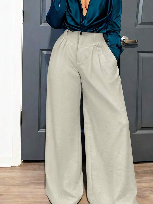 Pantalones anchos de oficina y casuales con bolsillo, cremallera y botón de unicolor para mujer