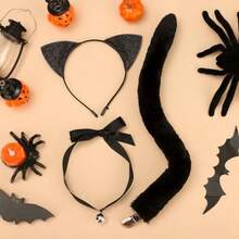 3 PCS Black Cat Costume Accessories Set For Women Black Cat Ears Headband Long Tail And Bell Choker Necklace Halloween Cats Cosplay Accessory Kit For Halloween Cosplay Dress Up Party Costume