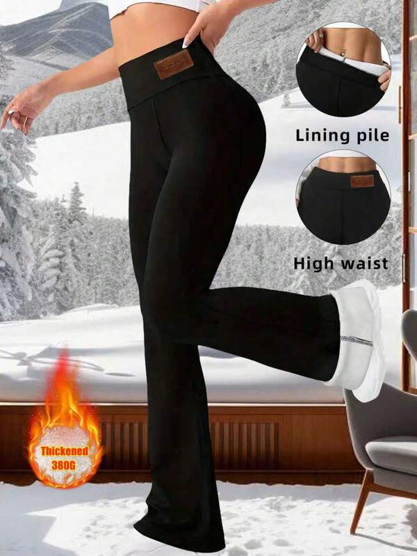Women's High Waist Flare Pants, Thermal Lined Wool Warm Trousers For Autumn/Winter, Solid Color Elastic Waist Slim Fit Leggings, Suitable For Cold Weather And Outdoor Activities