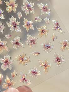 1 Stück glänzende rosa Lilien Nagel Aufkleber mit blühenden Blütenblättern, 5D romantischer japanischer Stil Blumen für elegante florale selbstklebende Nageldekoration Maniküre