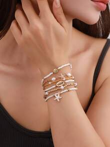 6件套女士串珠手链，饰以贝壳、海星等海洋元素，适合日常、海滩、度假佩戴，亦可作为礼物。 - 彩色 - 查看 4