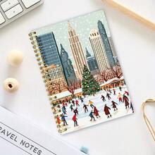 1pc A5 Hardcover Spiral Notebook, City Christmas Ice Skating Theme: Winter Festive Scene Notebook, College Ruled Thick Paper Spiral Notebook With Sticky Notes & Sketching, Suitable For Men & Women, 50 Pages, Size 14.48*21.08cm, Perfect Gift For Friends, Family, Students & Colleagues!